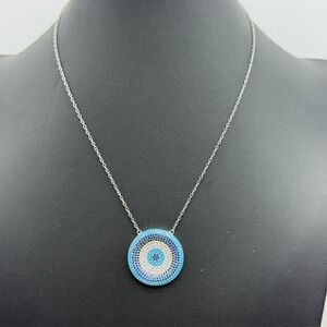 Sterling Silver 1" CZ Encrusted Blue White Evil Eye Round Pendant Necklace 18"